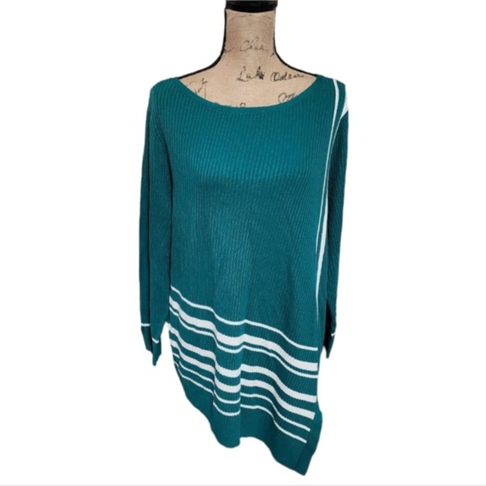 Chico's Teal‎ Green Striped Ribbed Knit Sharkbite Tunic Sweater XL NEW